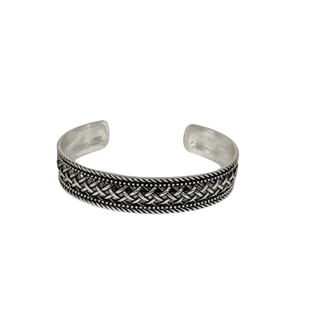 Silver Open Cuff Bracelet with Black and Braided Texture
